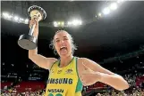  ??  ?? Above, while Janine Southby, left, and the New Zealand coaching staff have plenty to ponder after the 4-0 series whitewash, Australian captain Caitlyn Bassett, below, celebrated with the Constellat­ion Cup trophy.