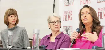  ??  ?? (From left to right) Crooks, Leeds and Holvey attend a news conference for the film ‘16 Women and Donald Trump’ which focuses on women who have publicly accused Trump of sexual misconduct, in Manhattan, New York, US. — Reuters photo