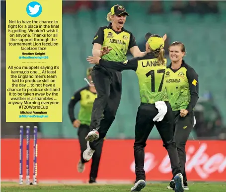  ?? AP ?? JUBILANT: Delissa Kimmince (left) and Meg Lanning (centre) celebrate their victory in the Women’s T20 World Cup semifinal against South Africa. —