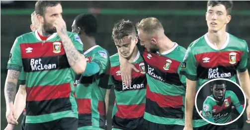 ??  ?? Happy days: Glentoran’s Malachy Smith celebrates scoring against Ballyclare Comrades at The Oval and (inset) Salou Jallow