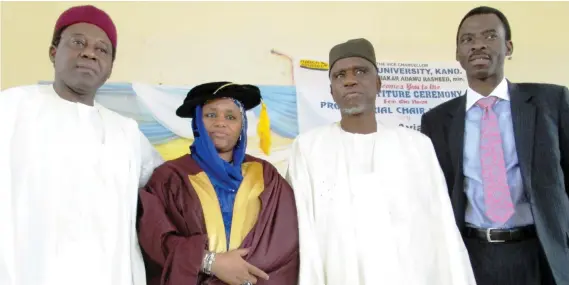  ??  ?? From Left: Nahco Aviance Chairman, Malam Suleiman Yahyah; Prof Ummu Ahmed Jalingo; Vice-Chancellor of the University, Prof Abubakar Rasheed, and the Managing Director of Nahco Aviance, Mr. Kayode Oluwasegun – Ojo at the endowment of Professori­al Chair...