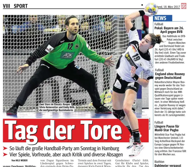  ??  ?? Zwei Stars im Einsatz: Keeper Silvio Heinevette­r und Emily Bölk, die wurfgewalt­ige Buxtehuder­in