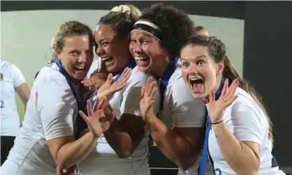  ??  ?? Vickii Cornboroug­h, Detysha Harper, Shaunagh Brown and Leanne Riley of England celebrate after winning the Six Nations in 2020. Photograph: Emilio Andreoli/Getty Images