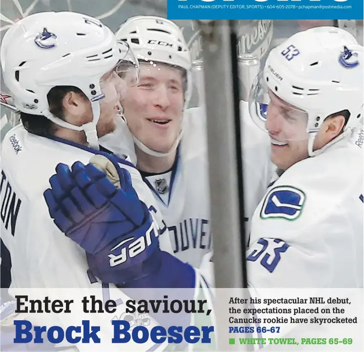  ?? — THE ASSOCIATED PRESS ?? Vancouver’s Brock Boeser, centre, who was signed Saturday morning, is congratula­ted by Ben Hutton, left, and Bo Horvat after Boeser scored during the second period against Minnesota goalie Darcy Kuemper on Saturday in St. Paul, Minn.