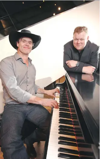  ?? JIM WELLS ?? Canadian country star Corb Lund, left, will perform with the Calgary Philharmon­ic Orchestra and maestro Rune Bergmann later this year. Lund was on hand with Bergmann at the Jack Singer Concert Hall Wednesday to help present the orchestra’s 2017-18...