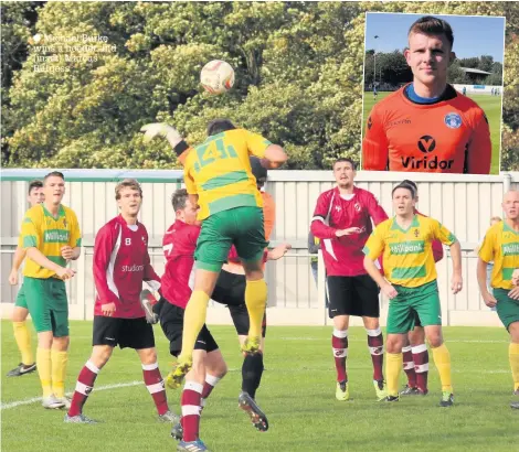  ??  ?? Michael Burke wins a header and (inset) Marcus Burgess