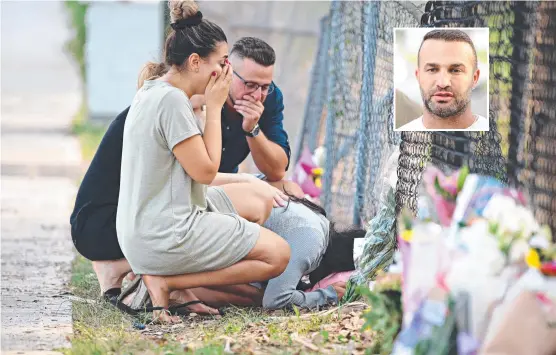  ?? Pictures: ADAM YIP ?? HEARTBROKE­N: Leila Abdallah (with face down) grieves at the site where three of her children were killed in a car crash in Sydney on Saturday night, and, inset, Danny Abdallah talks to the media yesterday.