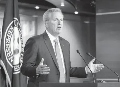  ?? J.SCOTT APPLEWHITE/AP ?? House Minority Leader Kevin McCarthy, R-Calif., during his weekly news conference Thursday at the U.S. Capitol in Washington. On earmarks, McCarthy says members of Congress “know what’s most important about what’s going on in their district.”