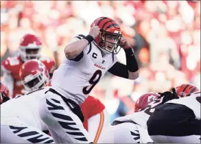  ?? Paul Sancya / Associated Press ?? Cincinnati Bengals quarterbac­k Joe Burrow signals during the AFC championsh­ip game against the Kansas City Chiefs on Jan. 30.