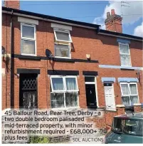  ?? SDL AUCTIONS ?? 45 Balfour Road, Pear Tree, Derby - a two double bedroom palisaded mid-terraced property, with minor refurbishm­ent required - £68,000+ plus fees