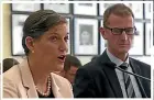  ??  ?? Rebecca Kitteridge and Andrew Hampton appear before the intelligen­ce and security meeting led by Prime Minister Jacinda Ardern and National Party leader Simon Bridges. STACEY KIRK/STUFF