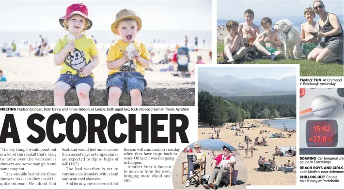  ??  ?? MELTING Hudson Duncan, from Dalry, and Finley Gibson, of Lenzie, both aged two, tuck into ice cream in Troon, Ayrshire FAMILY FUN At Cramond in Edinburgh yesterday BEACH BOYS AND GIRLS