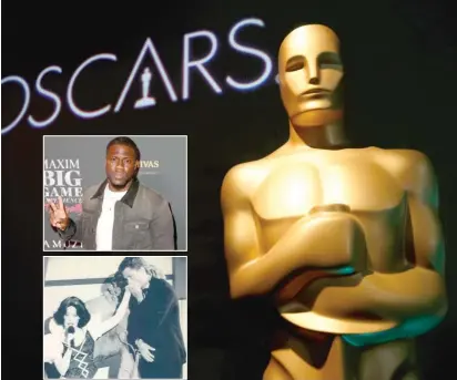  ?? FILE PHOTOS ?? The Oscars are going without a host after Kevin Hart (inset, top) bowed out following criticism of his homophobic tweets from years ago. The last time the Oscars went host-less, Rob Lowe and an actress dressed as Snow White sang an awkward tribute to Hollywood.