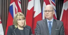  ?? ERNEST DOROSZUK/POSTMEDIA NETWORK ?? Representi­ng the Ontario PC Caucus, MPP Sylvia Jones and MPP Steve Clark address media at the Queen’s Park media studio in Toronto, Thursday.