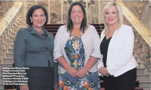  ?? PRESSEYE ?? Belfast Lord Mayor Deirdre Hargey welcomes Sinn Féin President Mary Lou McDonald TD and Vice President Michelle O’Neill to Belfast City Hall ahead of the Ard Fheis