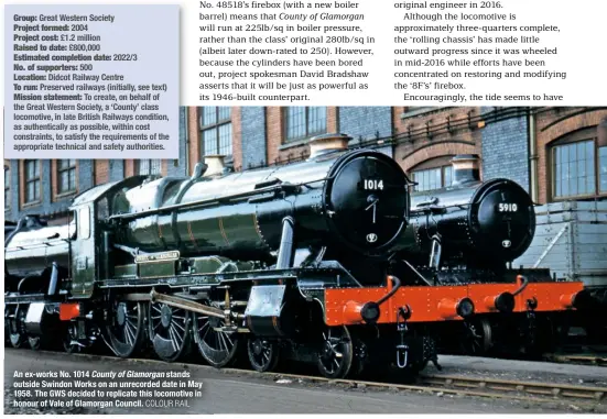  ?? COLOUR RAIL ?? An ex-works No. 1014 County of Glamorgan stands outside Swindon Works on an unrecorded date in May 1958. The GWS decided to replicate this locomotive in honour of Vale of Glamorgan Council.