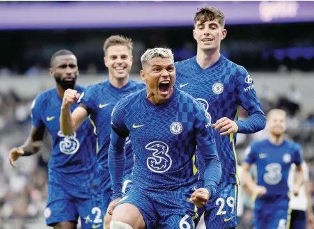  ?? — Reuters ?? Chelsea’s Thiago Silva celebrates scoring their first goal with Kai Havertz and Cesar Azpilicuet­a.