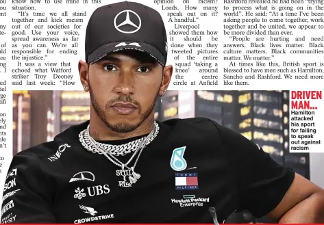  ??  ?? DRIVEN MAN... Hamilton attacked his sport for failing to speak out against racism