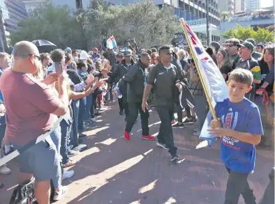  ?? Photo: Leone Cabenatabu­a ?? Fiji Airways Fijian 7s captain Seremaia Tuwai leading the team during the opening ceremony in San Francisco on July 20, 2018.