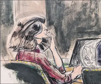  ?? Elizabeth Wlliams The Associated Press ?? An artist captures Ghislaine Maxwell, left, at the defense table during her trial in a New York courtroom. The defense rested its case on Friday.