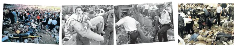  ??  ?? FOOTBALL’S SHAME Some of the scenes at the Heysel Stadium when disaster struck at the 1985 European Cup final between Liverpool and Juventus. The tragedy, in which 39 fans died, led to English clubs being banned from Europe for five years. Pictures: Reuters