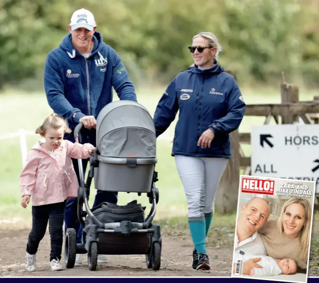  ??  ?? Mike pushes Lena in her pram while Mia walks alongside as the family enjoy a day at the Whatley Manor Horse Trials in 2018 (above). hello! exclusivel­y published newborn photos (inset) of Mia (left and below) who’s a “bundle of energy”. Lena (right in 2019) was born after Zara suffered two miscarriag­es