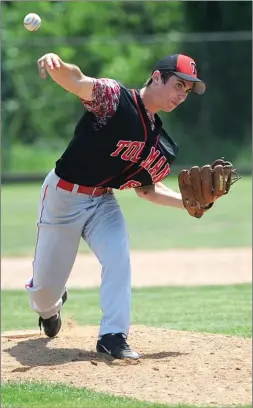  ?? Photo by Ernest A. Brown ?? Peter Microulis, pictured in a 2015 playoff game, recently threw 110 pitches in a game for Tolman. Per the new pitch-count regulation­s that were adopted by Rhode Island high school baseball teams this year, 110 pitches represents the maximum number a...
