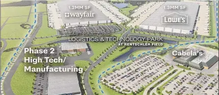  ?? Illustrati­on courtesy National Developmen­t ?? Illustrati­on of the planned logistics and technology park at Rentschler Field in East Hartford. The first phase is to be completed in less than two years.