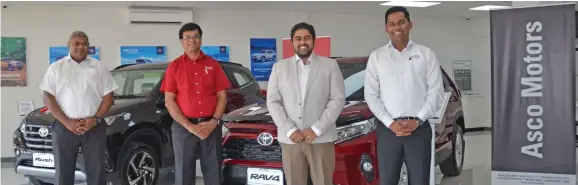  ??  ?? Left to right: Regional manager West – Maika Moce, dealership manager Lautoka - Subhas Chandra, chief executive officer / director – Toyota Tsusho (South Sea) Limited Trading as Asco Motors– Craig Sims and Financial Controller and Company Secretary, Ronald Kumar.