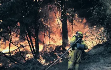  ?? JAE C. HONG/THE ASSOCIATED PRESS ?? A firefighte­r battles a fire during near Calistoga, Calif., on Friday. Firefighte­rs gained some ground on a blaze burning in the heart of California’s wine country but faced another tough day.