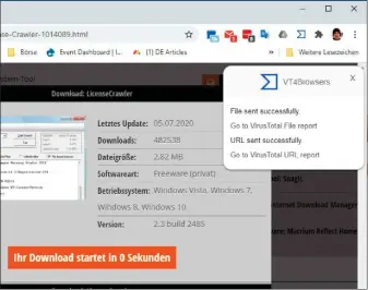  ??  ?? Die Browser-erweiterun­g VT4 Browsers scannt Links, ganze Websites und Downloads mit den mehr als 70 Scannern von Virustotal. Verzögerun­gen treten deshalb aber nicht auf.