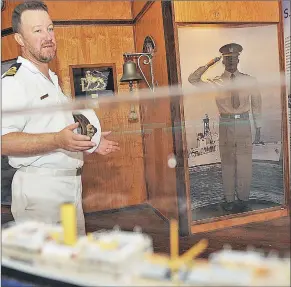  ?? Picture: COURTNEY AFRICA ?? REMEMBRANC­E: SA Naval Museum curator Lieutenant-Commander Leon Steyn speaking about the Transforma­tion Display that opened yesterday.