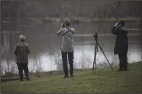  ?? ERIN HOOLEY/CHICAGO TRIBUNE ?? Birders keep watch at Skokie Lagoons on April 8 in Glencoe, Ill. The lagoons were built by the Civilian Conservati­on Corps during the Great Depression.