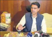  ??  ?? Deputy chief minister Sachin Pilot addresses a press conference in Jaipur on Wednesday. PRABHAKAR SHARMA/HT PHOTO