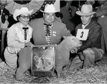  ??  ?? From the March 8, 1957, Chronicle: Restaurant prexy and champ. Texas Restaurant Associatio­n President Sonny Look and wife, Mary, are shown with the grand champion lamb they bought at the stock show for $1,700. Local members of the restaurant...