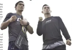  ??  ?? FILIPINO CHAMPION Eduard “Landslide” Folayang (L) will defend his lightweigh­t title against Malaysian challenger Ev “E.T. Ting at ONE Championsh­ip’s “Kings of Destiny” on April 21 at the Mall of Asia Arena.