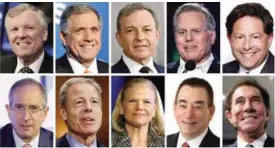  ?? — AP ?? This photo combinatio­n of images shows the top 10 highest paid CEOs in 2016. On top row, from left: Charter Communicat­ions CEO Thomas Rutledge; CBS CEO Leslie Moonves; Walt Disney CEO Robert Iger; Discovery Communicat­ions CEO David Zaslav and...