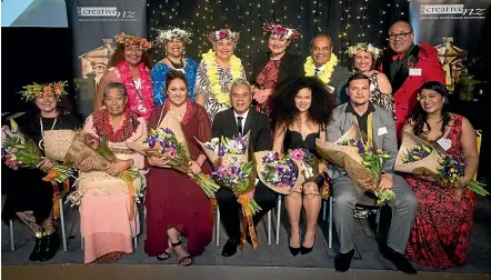  ??  ?? At the Arts Pasifika Awards in 2018, back row, from left: Makerita Urale, Caren Rangi, politician­s Luamanuvao Dame Winnie Laban, Carmel Sepuloni and Aupito William Sio, with MCs Malama T Pole and Fuimaono Karl Endemann. Front, from left, award winners: Rosanna Raymond, Sulieti Fieme’a Burrows, Tui Emma Gillies, Iosefa Enari, Angela Tiatia, Leki Jackson Bourke, and Appollonia Wilson on behalf of Benson Wilson.