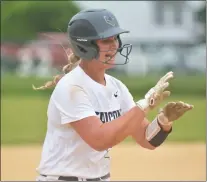  ?? KYLE FRANKO — TRENTONIAN PHOTO ?? Burlington Township’s Taylor Fitzpatric­k smiles as she crosses home plate after hitting a solo home run against Delsea in the sixth inning during the South Jersey Group III softball sectional final on Thursday afternoon in Burlington.