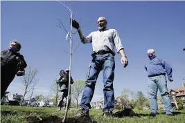  ?? PHOTOS BY CHARLIE NEIBERGALL AP ?? City arborist Todd Fagan plants a tree during a tree planting ceremony with school children on April 30, 2021, in Cedar Rapids, Iowa, months after a storm decimated the city, leaving a jumble of branches, downed powerlines and twisted road signs in its wake.