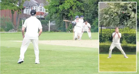  ?? Stew Conway ?? Liam Keenan smashes the winning boundary in Runcorn second XI’s triumph against their counterpar­ts from Mobberley last Saturday; ( inset) Phil Conway taking a catch to dismiss Lee Hargreaves in the same game.