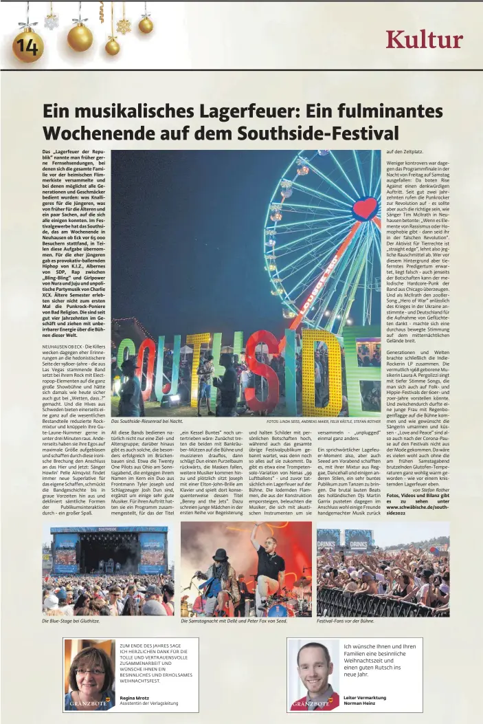  ?? FOTOS: LINDA SEISS, ANDREAS MAIER, FELIX KÄSTLE, STEFAN ROTHER ?? Die Blue-Stage bei Gluthitze.
Das Southside-Riesenrad bei Nacht.
Die Samstagnac­ht mit Dellé und Peter Fox von Seed.
Festival-Fans vor der Bühne.