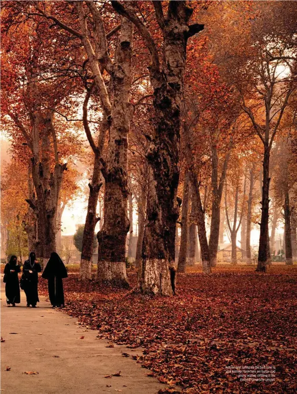  ??  ?? Autumn and spring are the best time to visit Kashmir. Seen here are burqa-clad young women strolling in the Kashmir University campus.