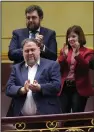  ?? (AP/Manu Fernandez) ?? The leader of the Catalonian ERC party Oriol Junqueras (center) attends a parliament­ary session on Thursday in Madrid, Spain.