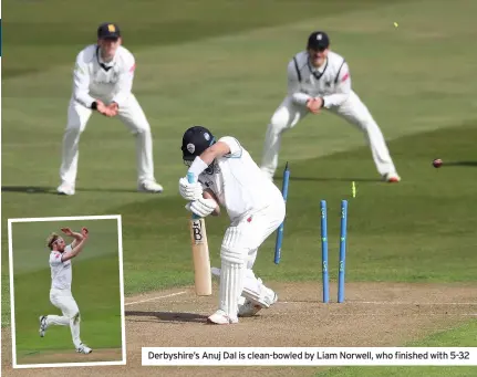  ??  ?? Derbyshire’s Anuj Dal is clean-bowled by Liam Norwell, who finished with 5-32