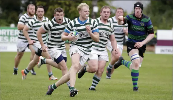  ??  ?? Ian McMahon of Greystones races into Seapoint territory during the Leinster Senior League Division 2A clash at Dr Hickey Park. Photos: Barbara Flynn