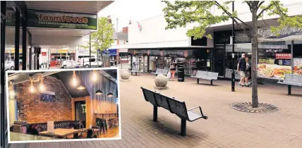  ??  ?? Leek’s Smithfield Centre, and inset, the interior of Sparrow Park which will share the terrace with a neighbouri­ng bar.