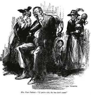  ??  ?? Double standards
Many NYPD matrons investigat­ed abortion, but they mainly targeted midwives who served immigrant, working-class communitie­s rather than the rich white doctors who tended to the city’s elite women. This 1918 cartoon captures the inequality that characteri­sed the police’s attitude to abortion