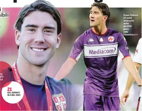  ?? GETTY ?? PARTITE E 34 RETI IN VIOLA
GOL SEGNATI IN A NEL 2021
Dusan Vlahovic (21 anni) attaccante serbo dal 2018 gioca nella Fiorentina