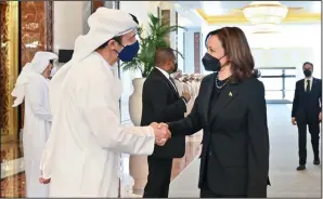  ?? (AP/Ministry of Presidenti­al Affairs/Hassan Al Menhali) ?? U.S. Vice President Kamala Harris (right) shakes hands on Monday with Sheikh Abdullah bin Zayed Al Nahyan, the United Arab Emirates minister of foreign affairs and internatio­nal cooperatio­n.